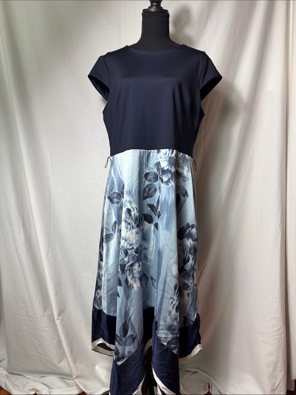 White House Black Market Navy and Light Blue Floral High-Low Dress